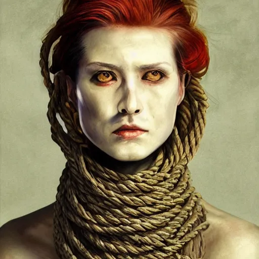 Image similar to portrait of a Shibari rope wrapped face and neck, headshot, insanely nice professional hair style, dramatic hair color, digital painting, of a old 15th century, old cyborg merchant, amber jewels, baroque, ornate clothing, scifi, realistic, hyperdetailed, chiaroscuro, concept art, art by Franz Hals and Jon Foster and Ayami Kojima and Amano and Karol Bak,