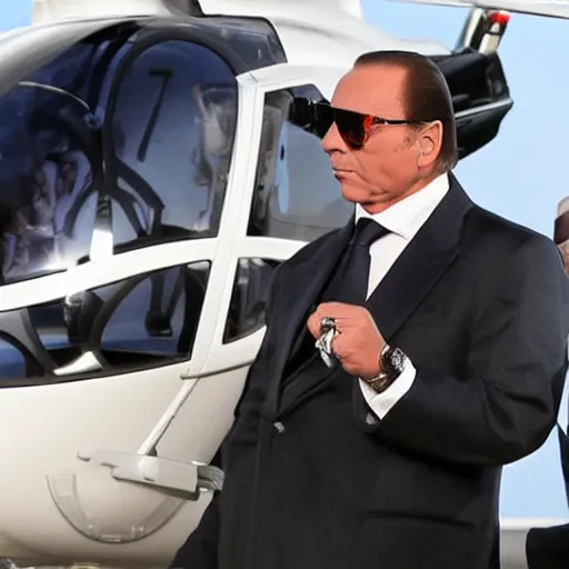 Image similar to Silvio Berlusconi Is a gangsta rapper, doing lines on the helicopter and landing at the Piper Disco, with rolex, bling bling and a bandana, and the whole police his guarding his back