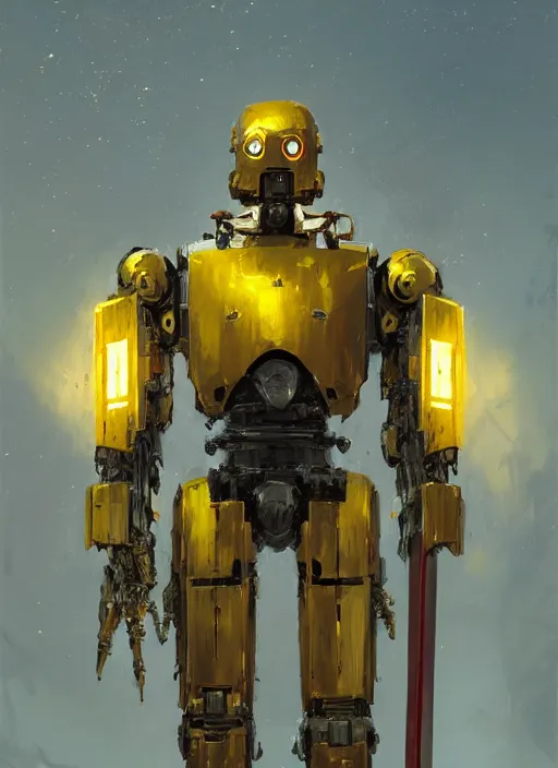 Image similar to human-sized strong intricate yellow pit droid carrying very detailed great sword and beautiful large paladin shield, pancake short large head, exposed metal bones, painterly humanoid mecha, by Greg Rutkowski