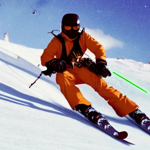 Image similar to star wars xwing pilot skiing down a mountain