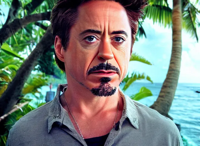 Image similar to a full portrait photo of robert downey jr holiday in bali, f / 2 2, 3 5 mm, 2 7 0 0 k, lighting, perfect faces, award winning photography.