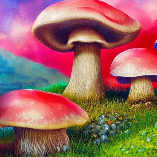 Prompt: a landscape painting with colorful growing mushroom underground, fairy-mushroom ot toabstool different forms and bodies, national geographic photos, trending on artstation