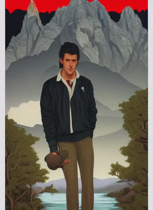 Image similar to twin peaks poster art, by michael whelan, rossetti bouguereau, artgerm, retro, nostalgic, old fashioned, 1 9 8 0 s teen horror novel cover, book, ryan gosling in letterman jacket small town crime scene being hunted by the killer