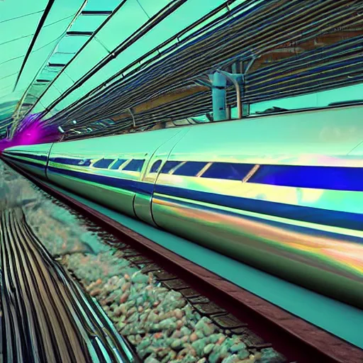 Prompt: girly elevated!! train futuristic bullet train!!, mother of pearl iridescent, 8 0 mm photography bokeh, mirror at night, aerodynamic!!!!!!
