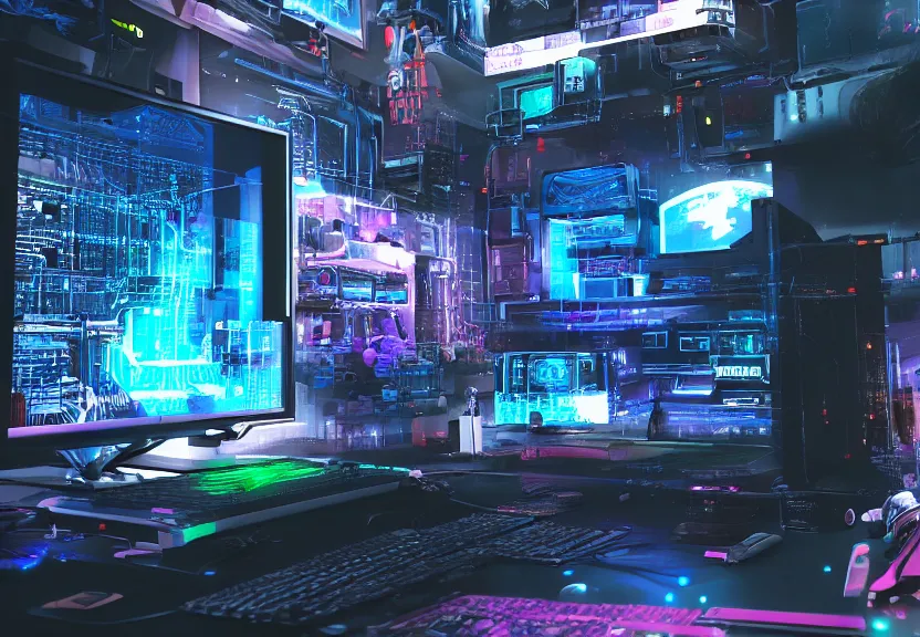 Image similar to cyberpunk computer running a videogame, highly detailed