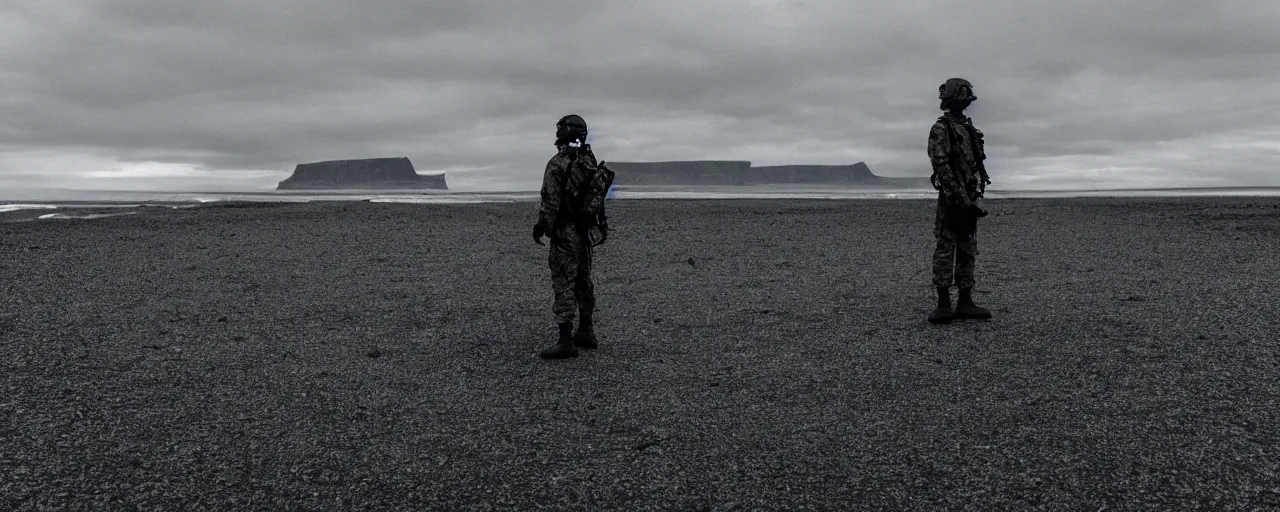 Image similar to low angle cinematic shot of lone futuristic soldier in the middle of an endless black sand beach in iceland, iceberg, 2 8 mm