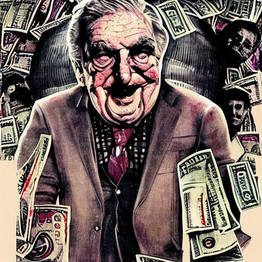 Image similar to George Soros full body shot, dollar bills Body horror, biopunk, by Ralph Steadman, Francis Bacon, Hunter S Thompson