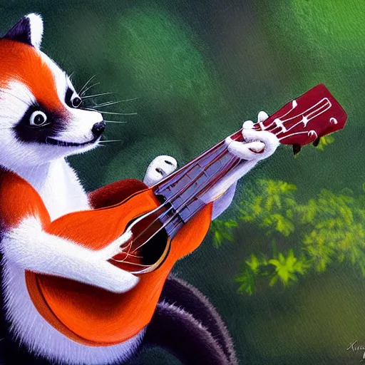 Prompt: cute fluffy Ailurus fulgens playing a ukulele, fully detailed, high quality , 4k , digital art, digital painting, soft light , masterpiece