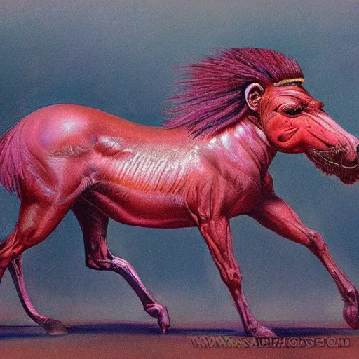 Image similar to painting of a hybrid between a horse and mandrill, in the style of wayne barlowe