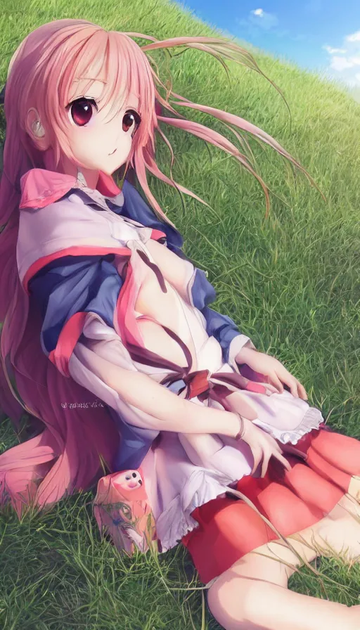 Prompt: cute anime character lying in the grass, colorful outfit, realistic face, detailed face, detailed eyes, short miniskirt, lightly dressed, ultra detailed digital art, hyper real, detailed, ultra detailed, ground up angle, full body shot, wide angle