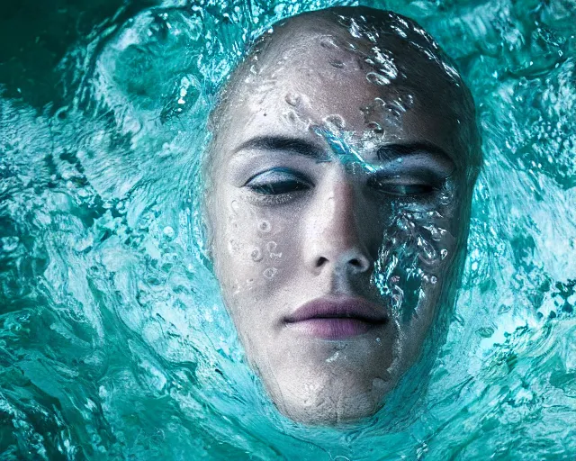 Image similar to water art manipulation of a surreal human head with open eyes burried in the ocean, shot from above, hyper realistic, ray tracing, realistic water, sharp focus, 8 k resolution, cinematic