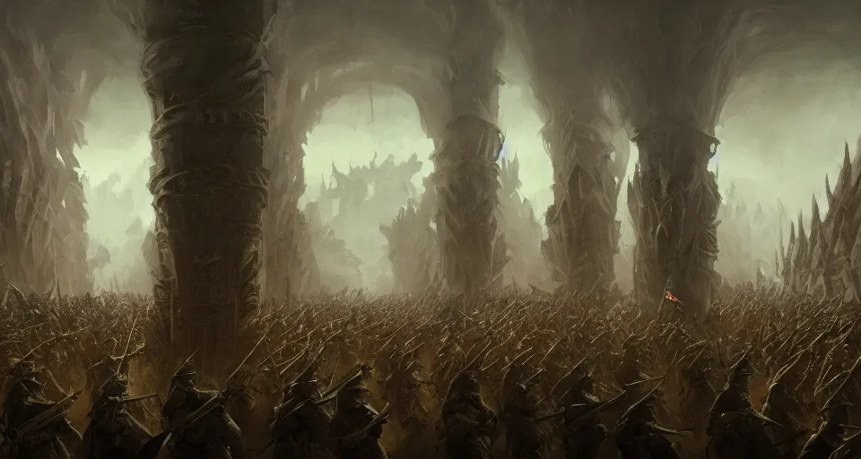 Prompt: Medieval fantasy Army marching in a sinuous column along a river, Scenic view at night, underexposed, clean horizon, matte painting by craig mullins and dan mumford, dark fantasy, style of game of thrones, concept art trending on artstation, 4k, insane details