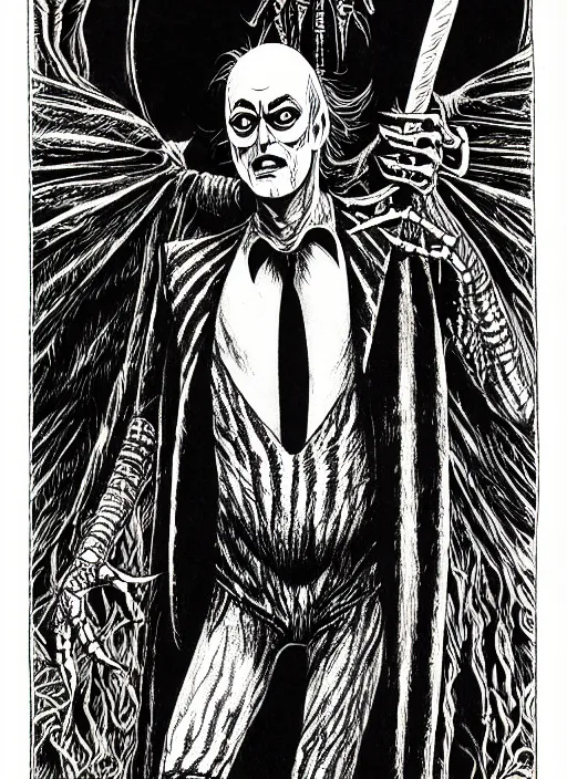 Image similar to michael keaton as beetlejuice, as a d & d monster, full body, pen - and - ink illustration, etching, by russ nicholson, david a trampier, larry elmore, 1 9 8 1, hq scan, intricate details, inside stylized border