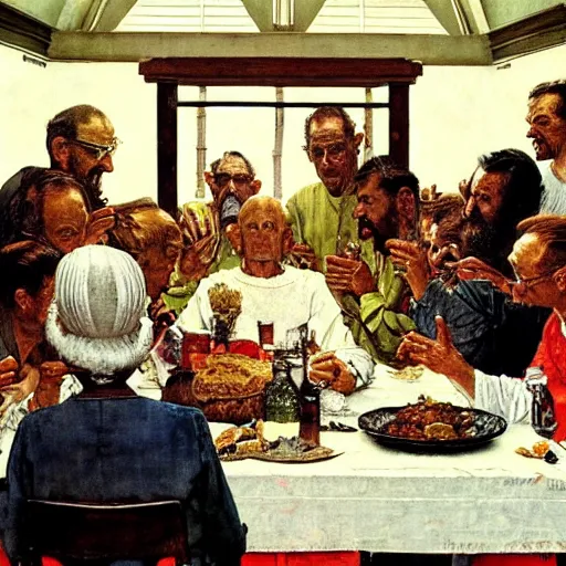 Prompt: the last supper painted by norman rockwell