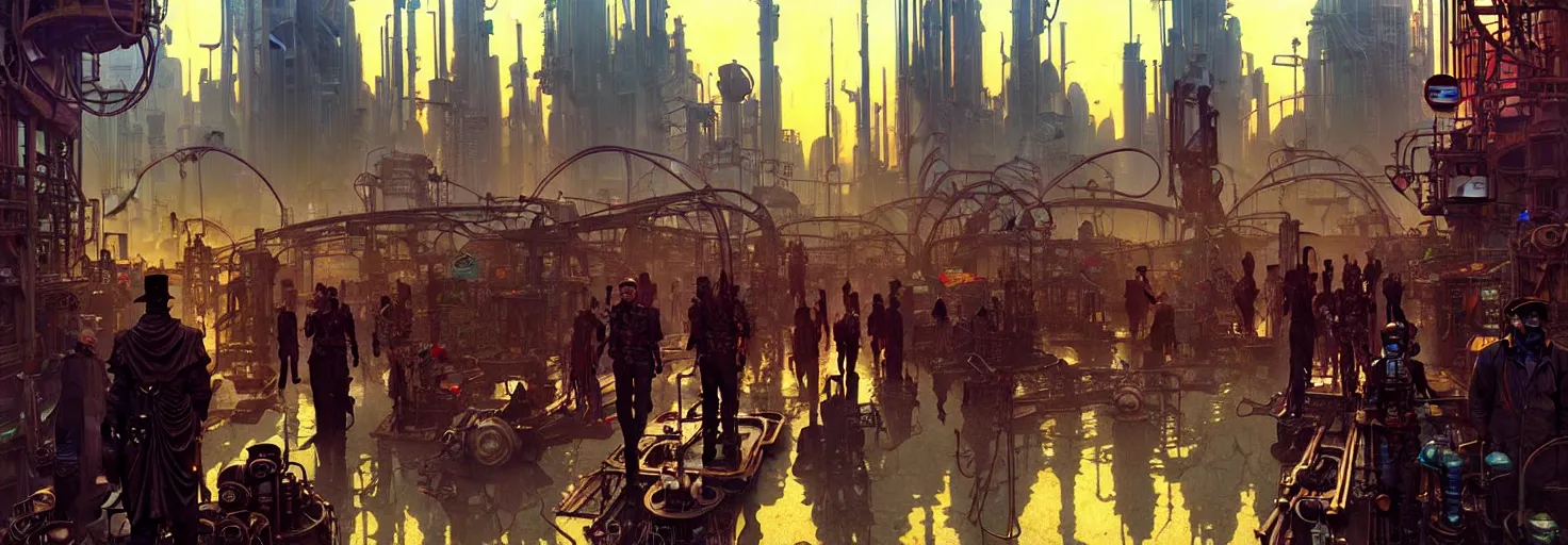 Image similar to steampunk cyberpunk city in a swamp, busy market, godrays, cinematic, poster art by james gurney, weta studio, lucasfilm jesper ejsing, norman rockwell, mucha, ilya kuvshinov, greg rutkowski frank frazzeta on artstation