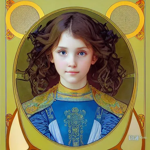 Prompt: a little girl with short wavy curly light brown hair and blue eyes, a space empress in byzantine style. beautiful highly detailed face, painting by ilya kuvshinov and alphonse mucha