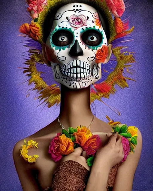 Prompt: dia de los muertos theme surrealist art in the styles of igor morski, jim warren, and aida muluneh, intricate, hyperrealistic, accurate facial details, profile picture with chromakey!!!!! background, volumetric lighting