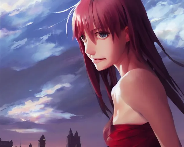 Image similar to full body portrait character concept art, oil painting anime key visual of cameron diaz with scarlet hair, studio lighting delicate features finely detailed perfect face directed gaze, at an ancient city, gapmoe yandere grimdark, trending on pixiv fanbox, painted by greg rutkowski makoto shinkai takashi takeuchi studio ghibli
