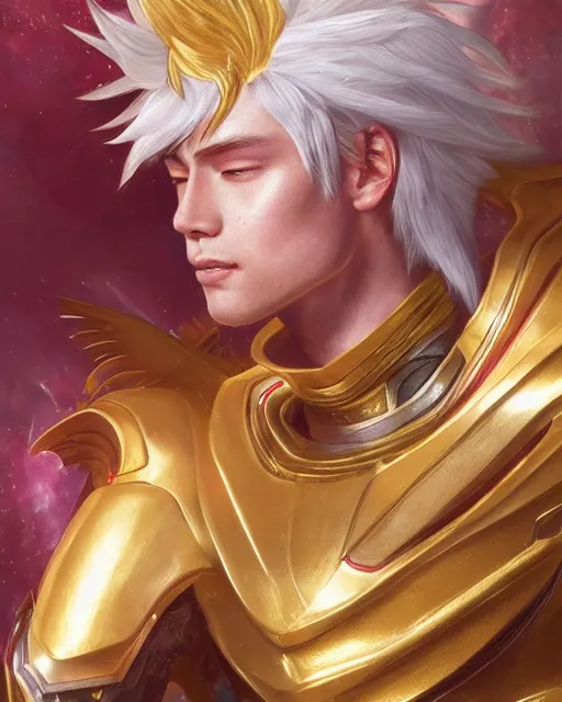 Prompt: ultra detailed 4K portrait of Pegasus Seiya wearing intrincate golden armor by Edgar Maxence and Ross Tran