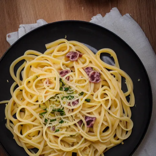 Prompt: Food photography of perfectly-made carbonara pasta, Nikon 25mm