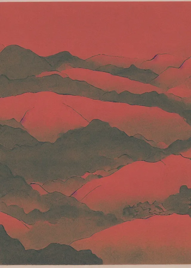 Prompt: landscape with red mountains, osamu tezuka