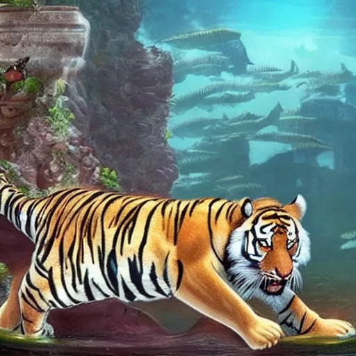 Prompt: a tiger discovering the lost city of atlantis