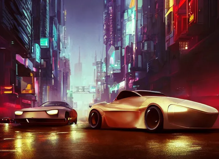 Image similar to a car driving down a street next to tall buildings, cyberpunk art by Vincent Lefevre, cgsociety, retrofuturism, matte painting, reimagined by industrial light and magic