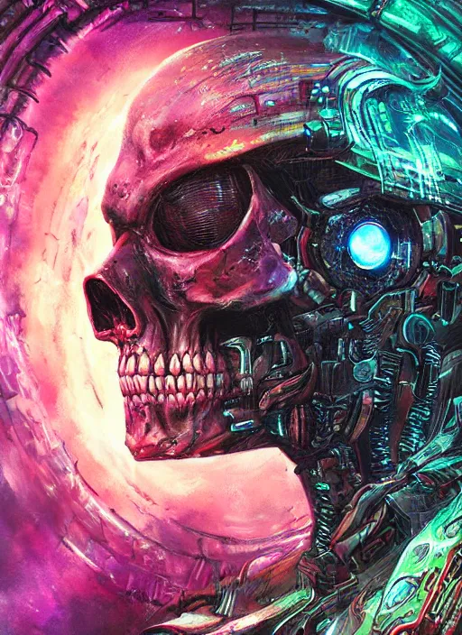 Image similar to a futuristic skull with glowing eyes and a wormhole tunnel cyberpunk art by android jones, featured on artstation, darksynth, synthwave