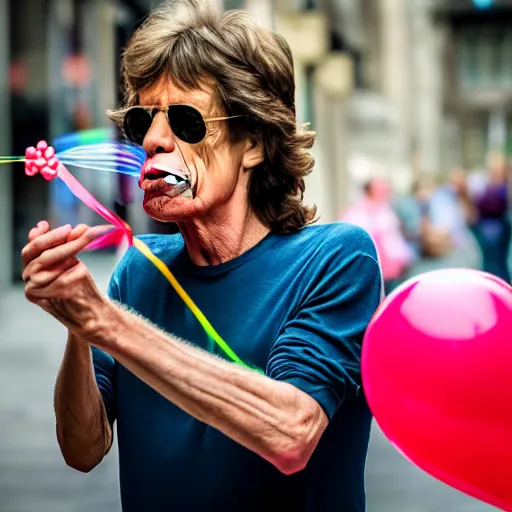 Prompt: Mick Jagger blowing a balloon XF IQ4, f/1.4, ISO 200, 1/160s, 8K, RAW, unedited, symmetrical balance, in-frame