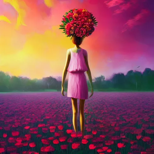 Image similar to giant rose flower head, full body girl standing in a flower field, surreal photography, sunrise, dramatic light, impressionist painting, colorful clouds, digital painting, artstation, simon stalenhag