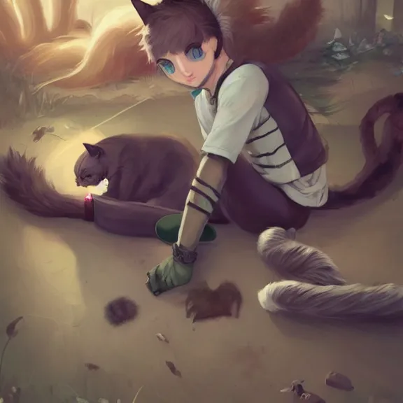 Image similar to boy with cat ears and cat tail resting on the floor, fantasy artwork, award winning, very very very very very very very very beautiful, trending on artstation.