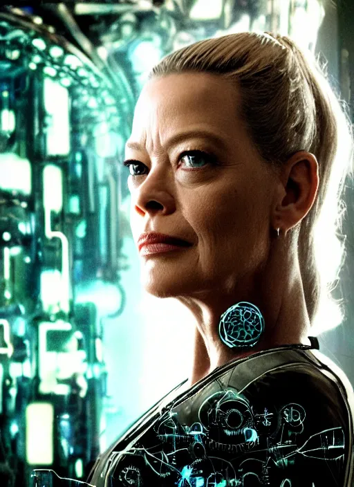 Prompt: 35mm portrait of an intricate and sophisticated borg with the face of Jeri Ryan , on the background of a weird magical mechanical forest. Round gears visible inside her hear. Very detailed 8k. Fantasy cyberpunk horror. Sharp. Cinematic post-processing