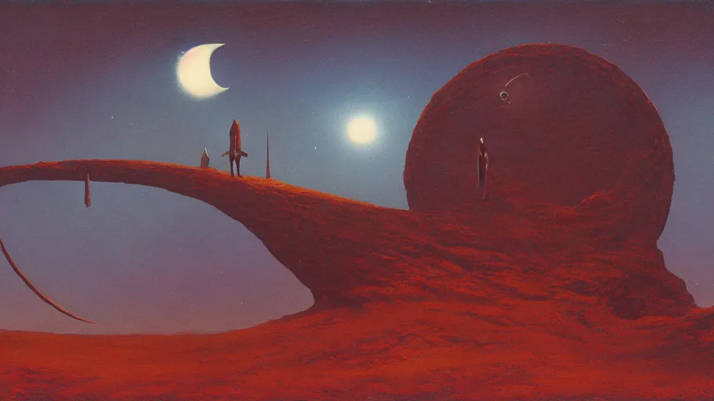 Image similar to mysterious whimsical sculpture of an alien crescent moon by paul lehr and john schoenherr, cinematic matte painting