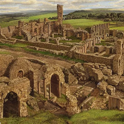 Image similar to a sprawling pictish settlement built around roman ruins in the english countryside, dark ages, 8 th century, by james gurney