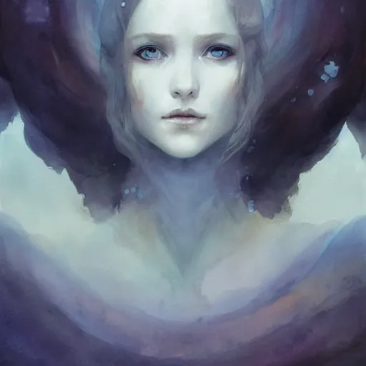 Prompt: beautiful face of a magical queen, with pale skin, blue eyes, long black hair, floating in a misty daze, by pete mohrbacher and greg rutkowski, watercolor painting, deviantart, pinterest, symmetrical portrait, game of thrones