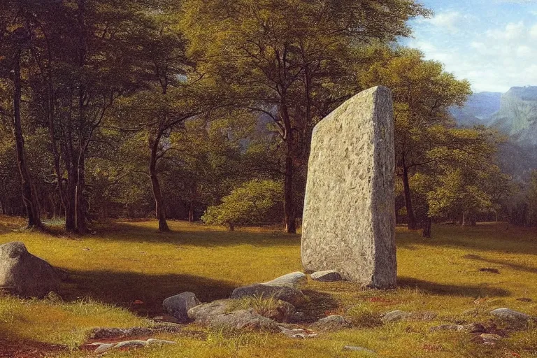 Prompt: runestone, megalithic, monument, nature, trees, focused, centered, very detailed, norse, histor, oil painting, Albert Bierstadt