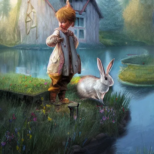 Image similar to brother grimms fairytale lakehouse rabbit digital art, irina french, heraldo ortega, mandy jurgens trending on artstation 8 k 1 5 0 mpx