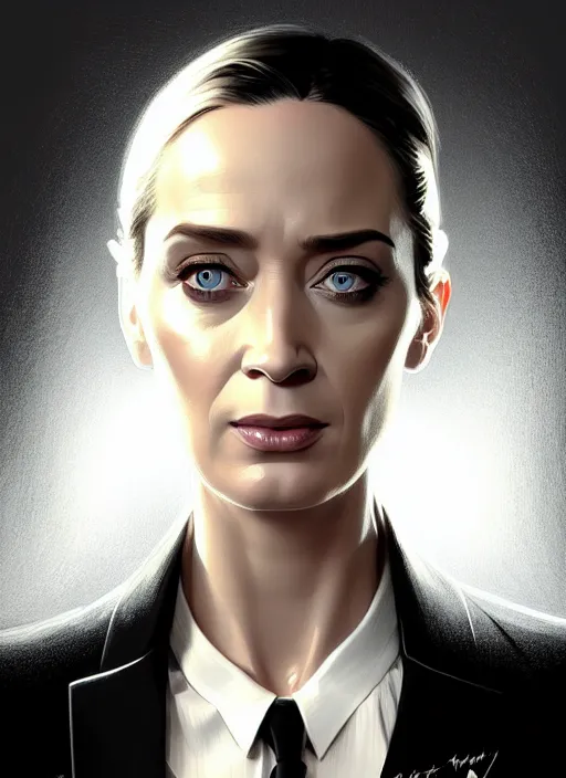 Image similar to portrait of emily blunt as business woman, black suit, white shirt, black tie, boss, intricate, headshot, highly detailed, digital painting, artstation, concept art, sharp focus, cinematic lighting, illustration, art by artgerm and greg rutkowski, alphonse mucha, cgsociety