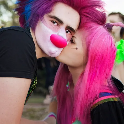Image similar to teenager with pink hair kissing a clown girl