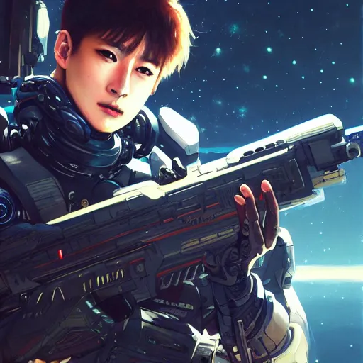 Image similar to photorealistic, bokeh, beautiful detail, stars in the sky, cybernetic, sci-fi space game art, jeon Jungkook holding a gun. alien planet art by Akihito Yoshitomi AND Yoji Shinkawa AND Greg Rutkowski, Mark Arian trending on artstation