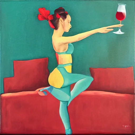 Image similar to square painting of a ballerina drinking wine in a teal room all on a red background