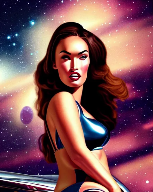 Prompt: closeup beautiful retro space megan fox varga girl, posing on a chrome space ship in diesel punk city, windblown dark hair, retro pinup, seductive, 1 9 4 0, hyper detailed, digital art, smooth, sharp focus,