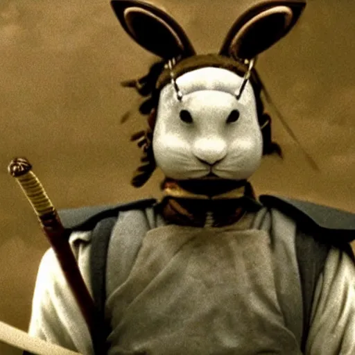 Image similar to photorealistic white rabbit samurai with angry face in seven samurai, film still, Usagi Yojimbo