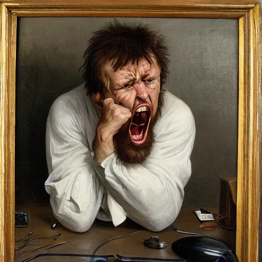 Image similar to an angry man yells at his computer monitor, oil on canvas, 1 8 8 3, highly detailed, high resolution