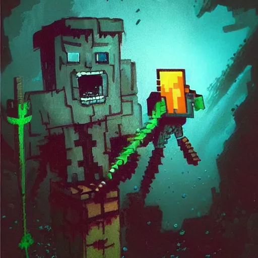 Image similar to painting by greg rutkowski of a minecraft drowned zombie with glowing cyan eyes, wearing ragged clothing and and algae growing on it, holding a trident, underwater