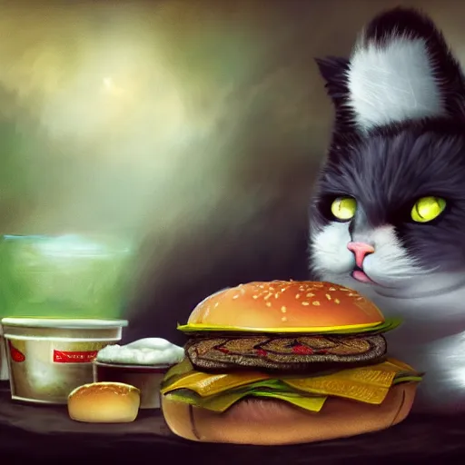 Image similar to fantasy fat cat eating a burger , high detail, digital art, beautiful , concept art,fantasy art, 4k