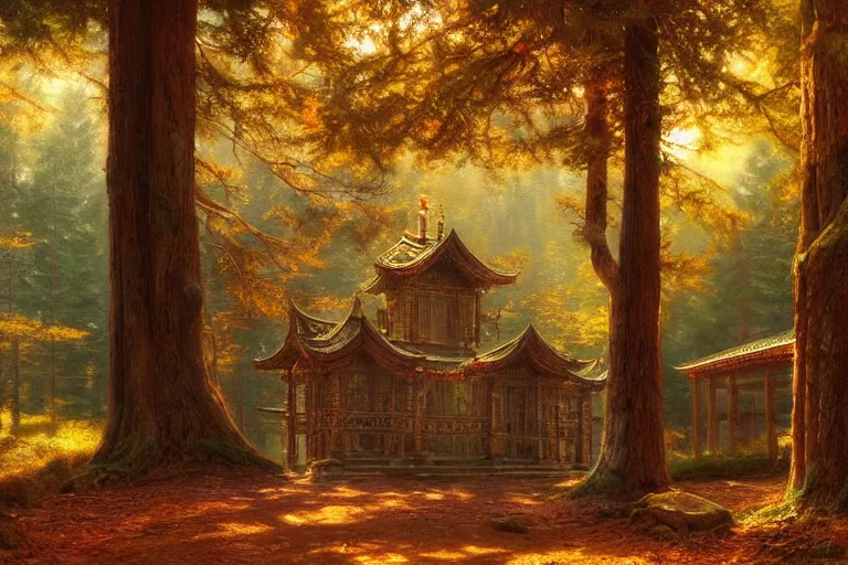 Prompt: wooden temple in the forest, very detailed, focused, oil painting, colorful, canvas, artstation, Vsevolod Ivanov, Albert Bierstadt