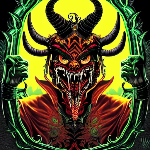 Prompt: barong family member, wiwek, mara demon, one single tribe member, jungle, one single mask, dark, ancient warrior, snake, dragon, devil, satan, diablo, evil, darkness, hell, horns, tribal, inner glow, art by dan mumford and justin gerard