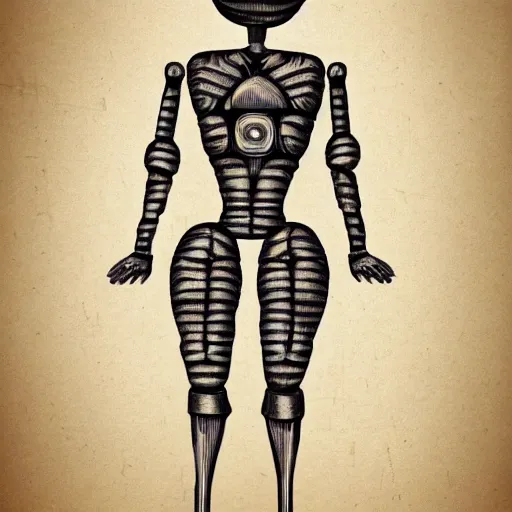 Image similar to technical drawing of ancient womanized!! humanoid robot, symmetrical, anatomically correct, full body length, old historical photo, ancient paper, photorealistic