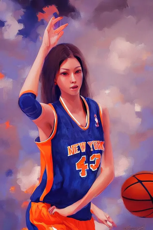 Image similar to A ultradetailed beautiful panting of a stylish woman, she is wearing a New York Knicks basketball jersey, Oil painting, by Ilya Kuvshinov, Greg Rutkowski and Makoto Shinkai